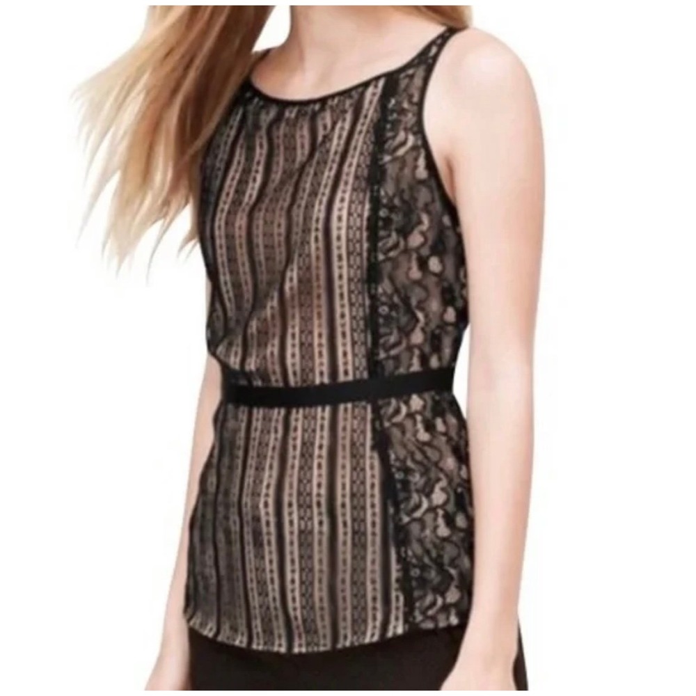 LOFT Sleeveless Blouse Black Lace Over Tan Lined Tank Top 0 $58